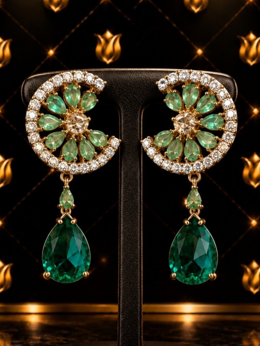 Gold-tone Earrings with Green Crystal Teardrops - Elegant Women's Jewelry